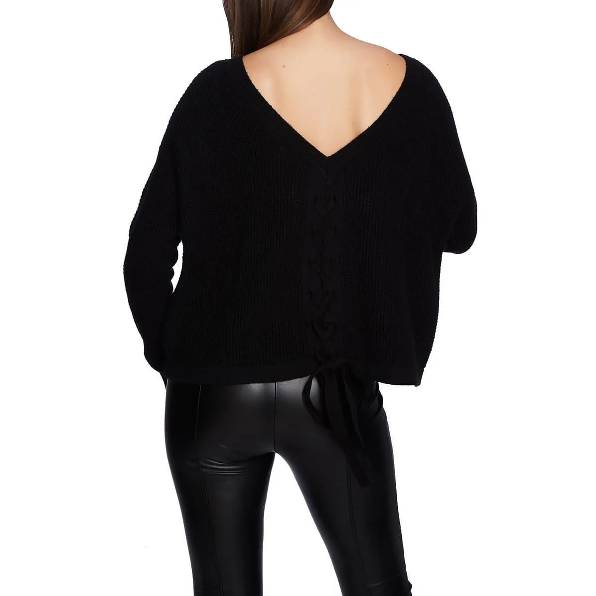1.State Womens Lace-up Wafflestitch Pullover Sweater, Size Small
