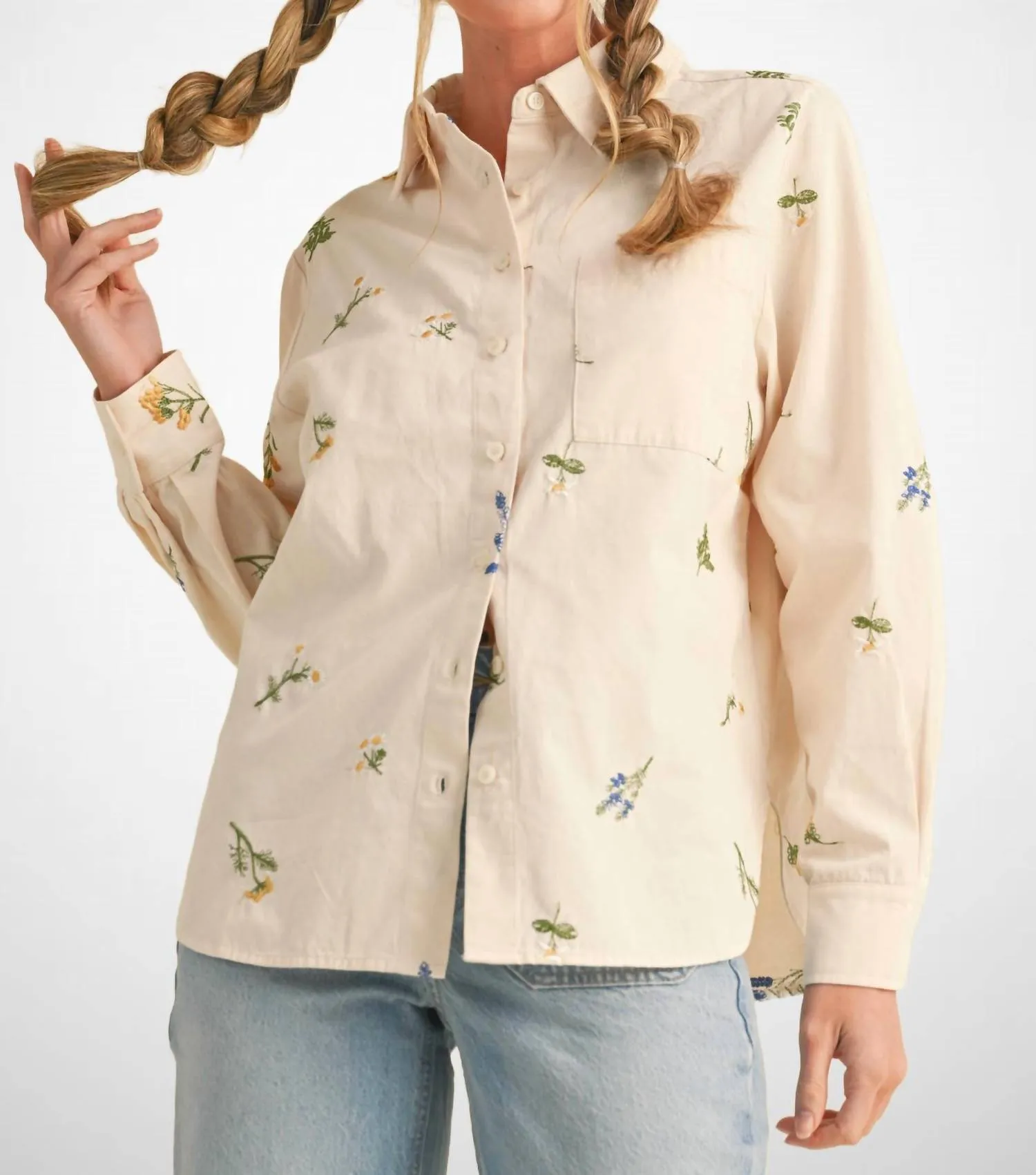 &Merci - Floral Embroidery Button Down Top