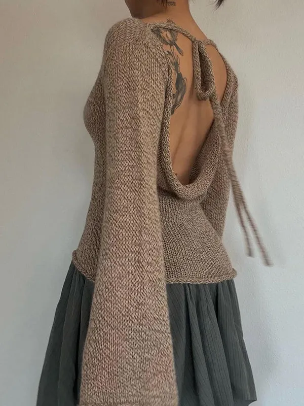 Back Cross Hollow Lace-Up Solid Color Long Sleeves Loose Round-Neck Sweater Tops