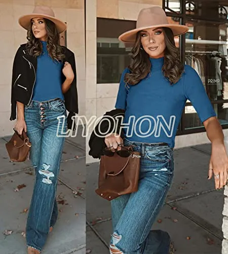 Blue Ladies Tops Dressy Casual Fall Cute Tops Mock Turtleneck Business White T Shirts - LIYOHON Womens Fall Fashion