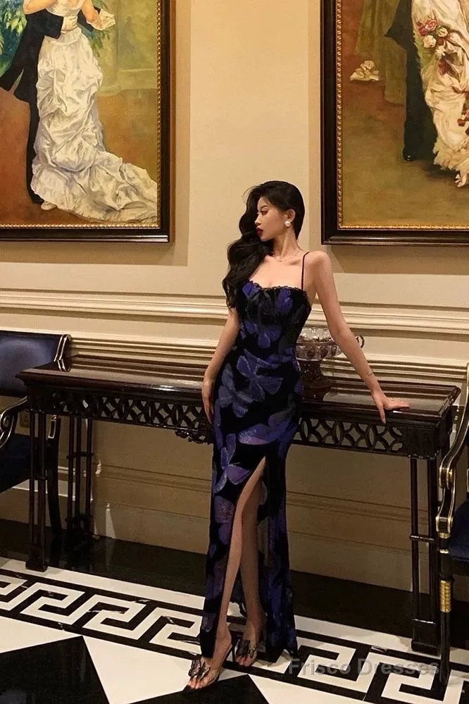 Classy Sheath Spaghetti Straps Royal Blue Floral Prom Dresses Birthday Outfits Evening Gown