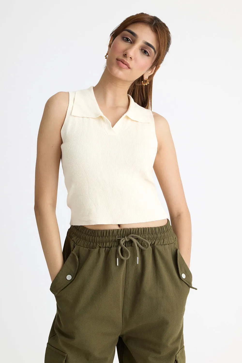Collared Ribbed Crop Top
