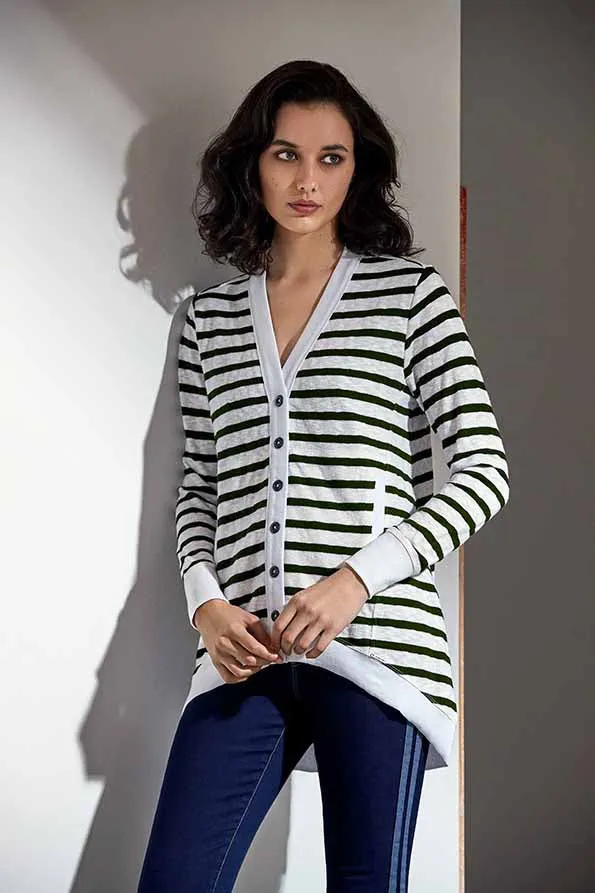 Gigi Stripe Cardi - Olive/White