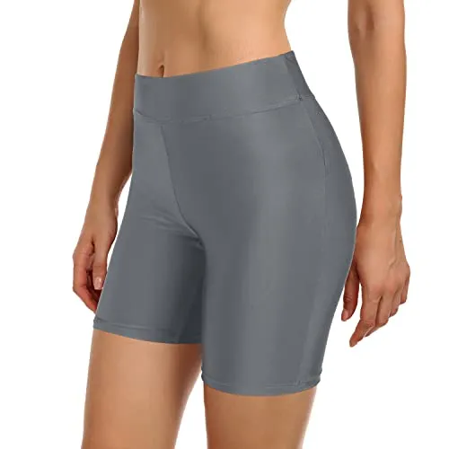 High Waisted Boy Shorts Swimsuit Tummy Control Womens Swim Shorts-Grey