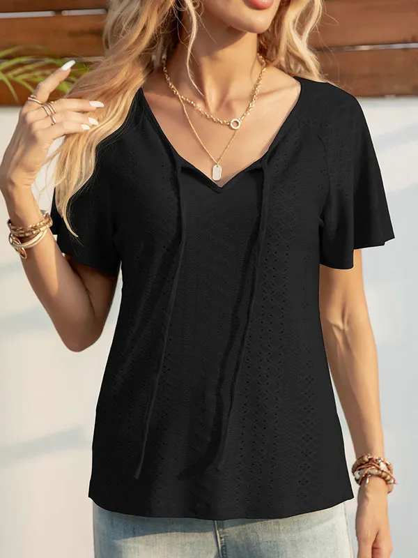 Jacquard Solid Color Tied Raglan Sleeve V-Neck T-Shirts Tops
