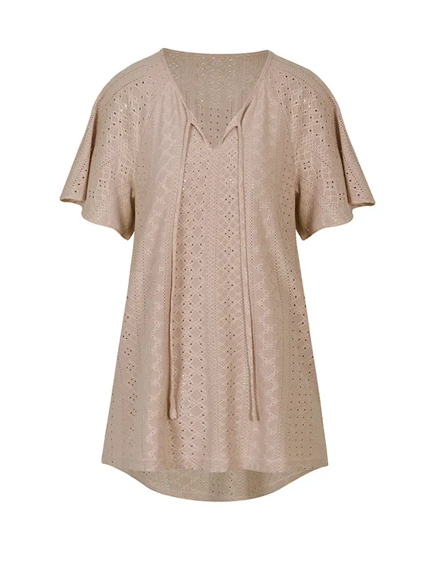 Jacquard Solid Color Tied Raglan Sleeve V-Neck T-Shirts Tops
