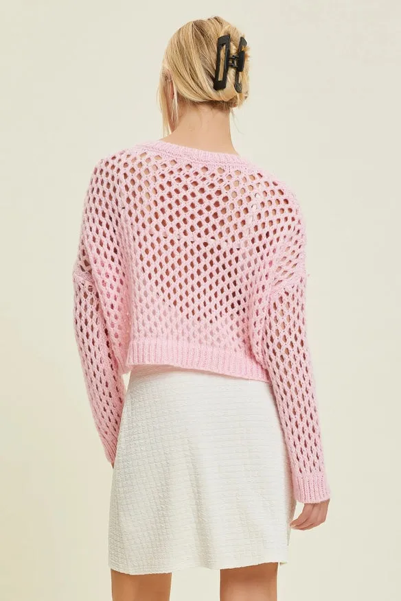 Open-Knit Fishnet Sweater  Pink
