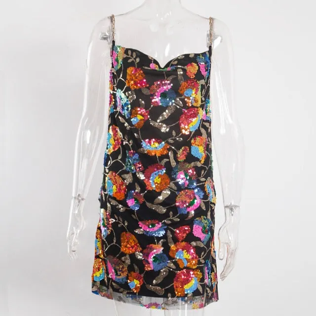 Pink Sequin Floral Mini Dress
