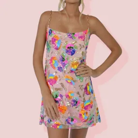 Pink Sequin Floral Mini Dress