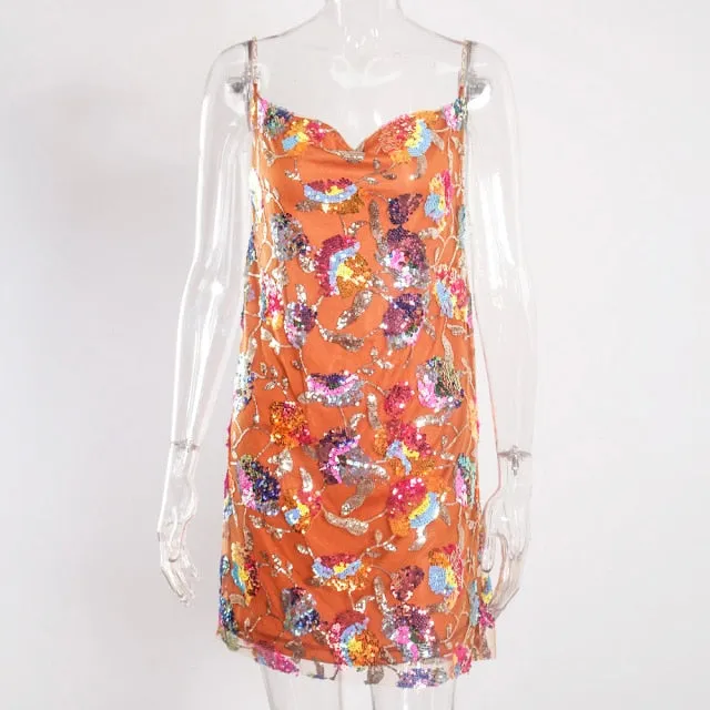 Pink Sequin Floral Mini Dress