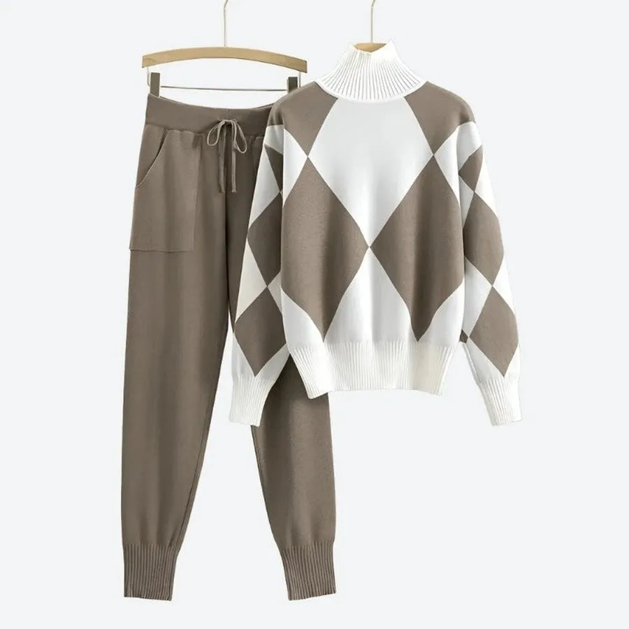 Stylish Argyle Turtleneck Sweater Set