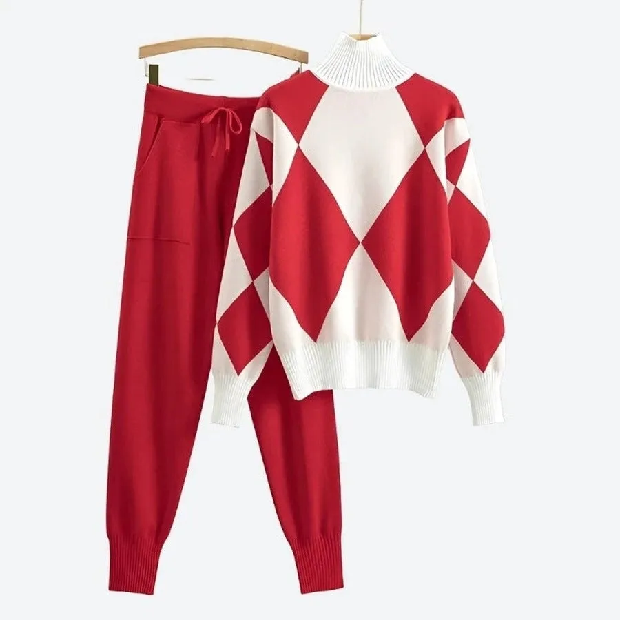 Stylish Argyle Turtleneck Sweater Set