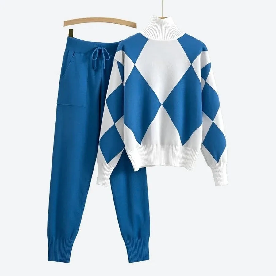 Stylish Argyle Turtleneck Sweater Set