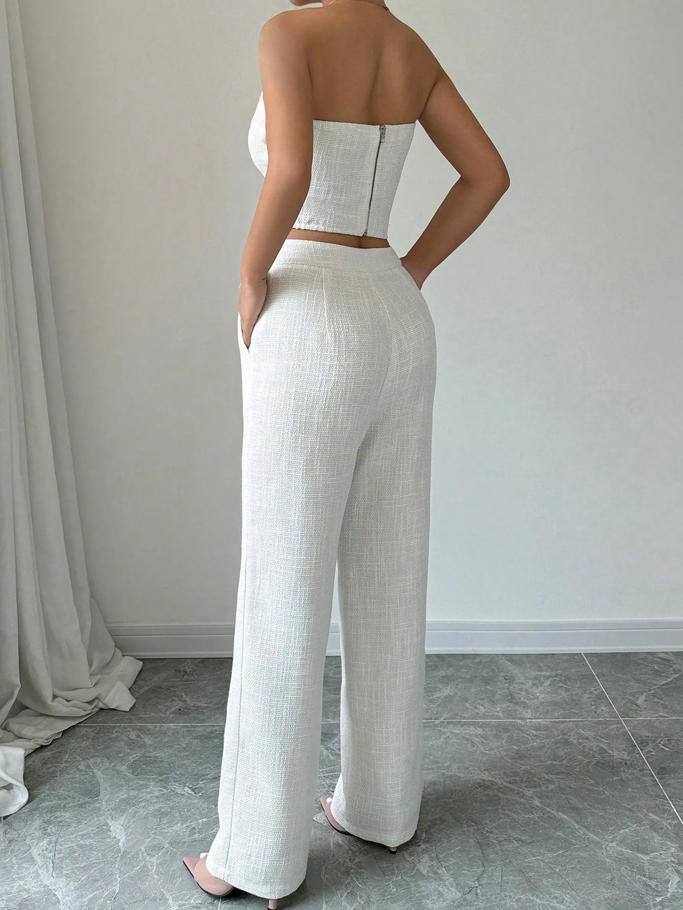 Women's Two-Piece Outfits, Clean And Simple Solid Color Top With Buttoned Back And High-Waist Pants
