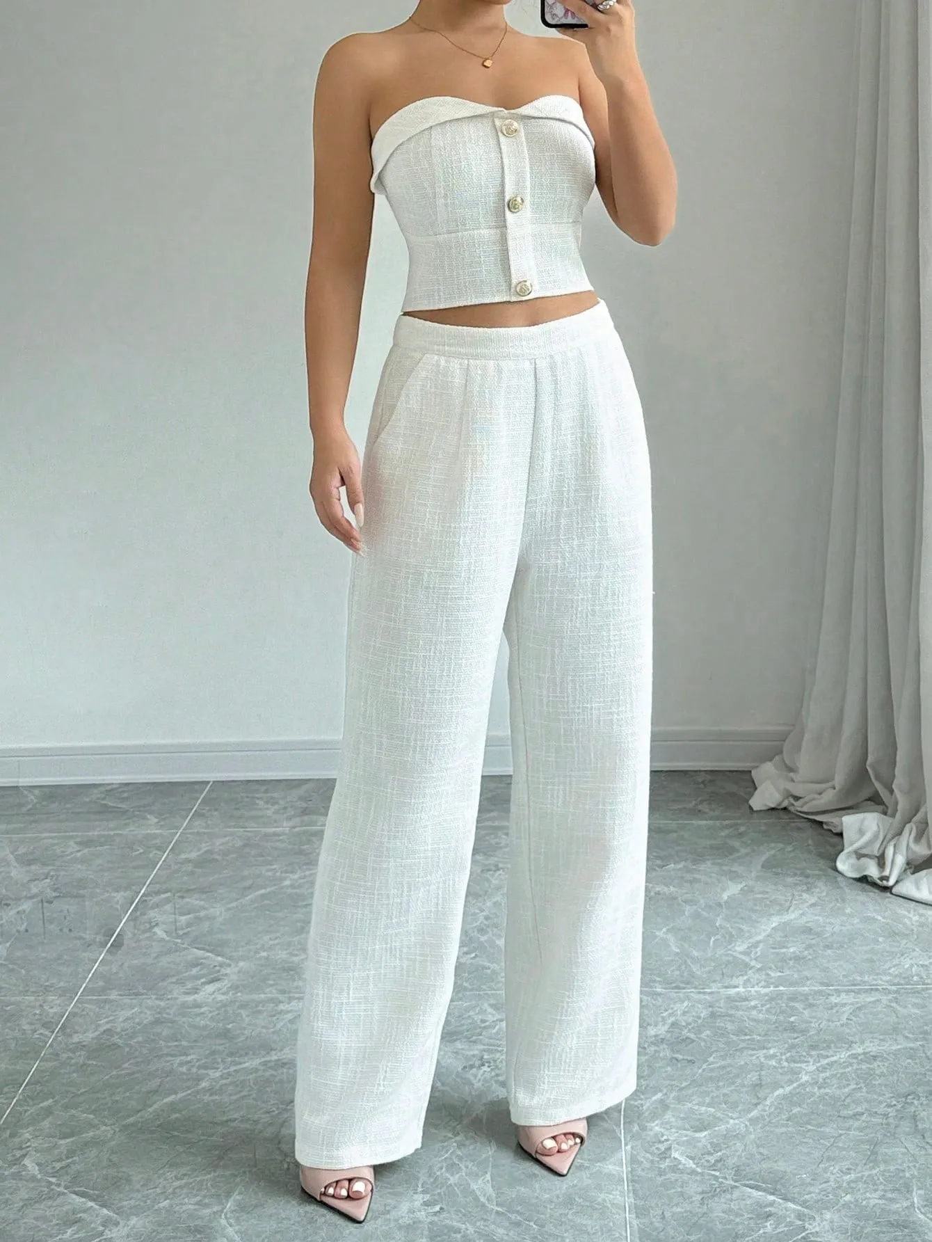 Women's Two-Piece Outfits, Clean And Simple Solid Color Top With Buttoned Back And High-Waist Pants