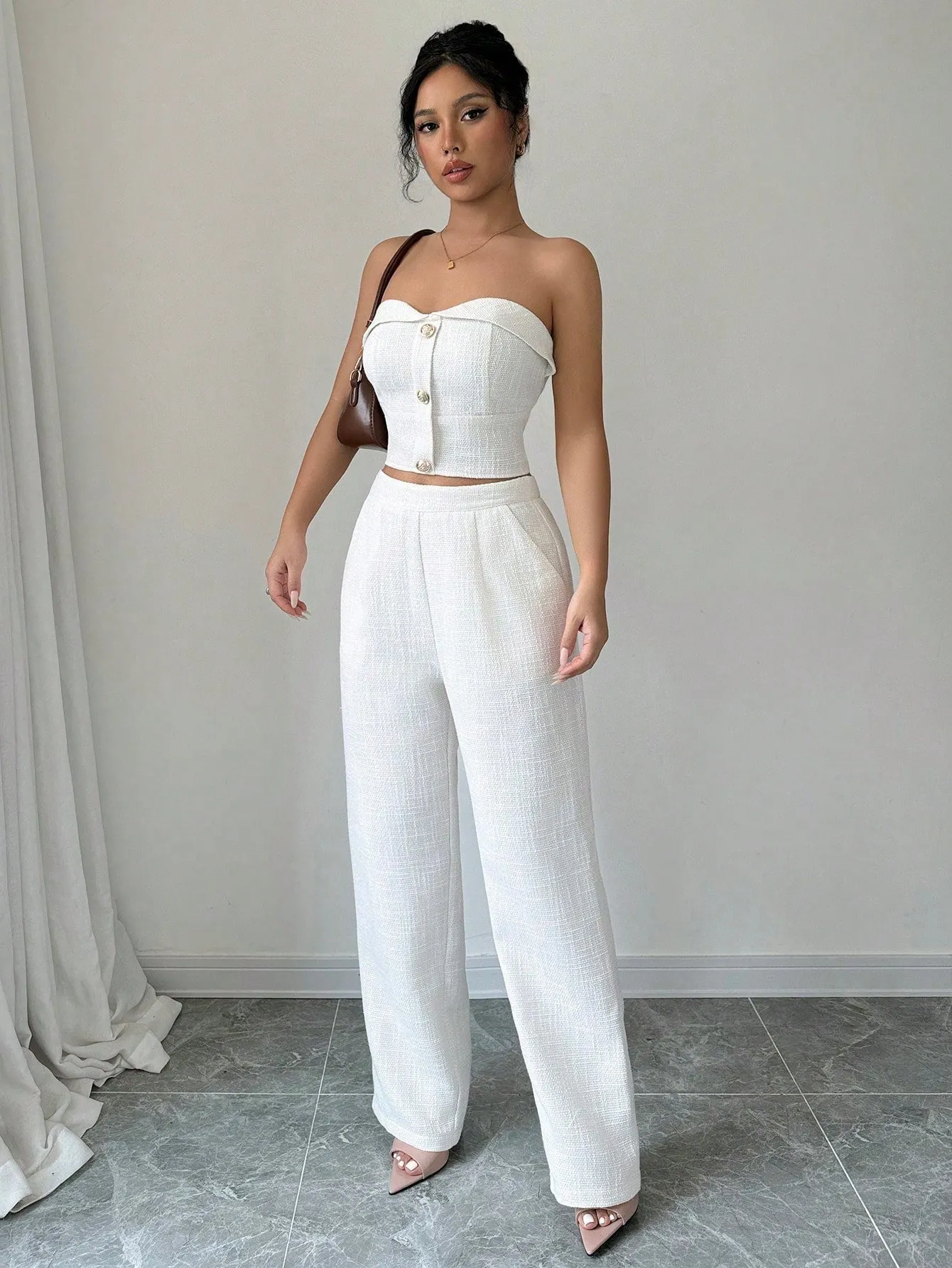 Women's Two-Piece Outfits, Clean And Simple Solid Color Top With Buttoned Back And High-Waist Pants