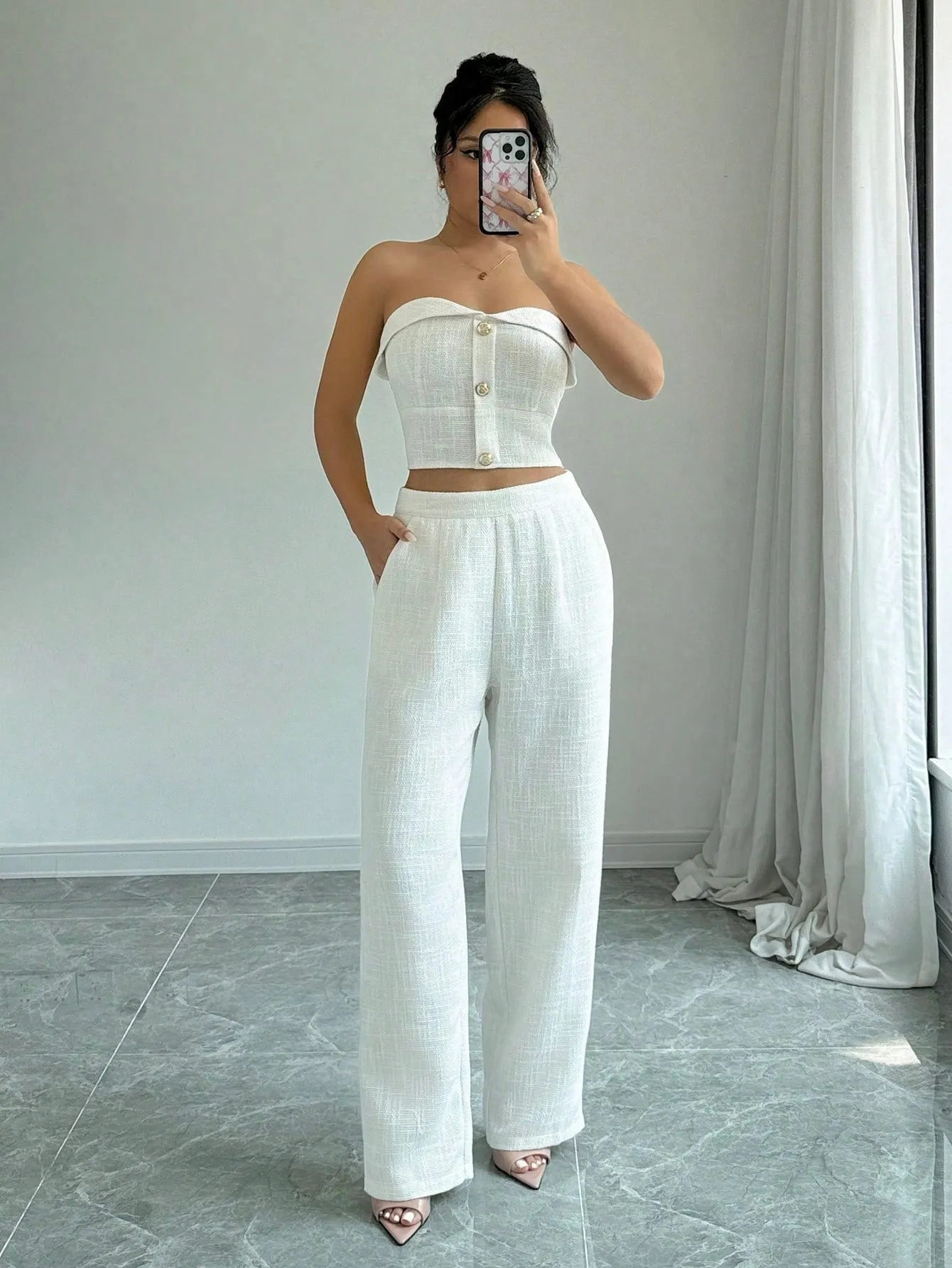 Women's Two-Piece Outfits, Clean And Simple Solid Color Top With Buttoned Back And High-Waist Pants