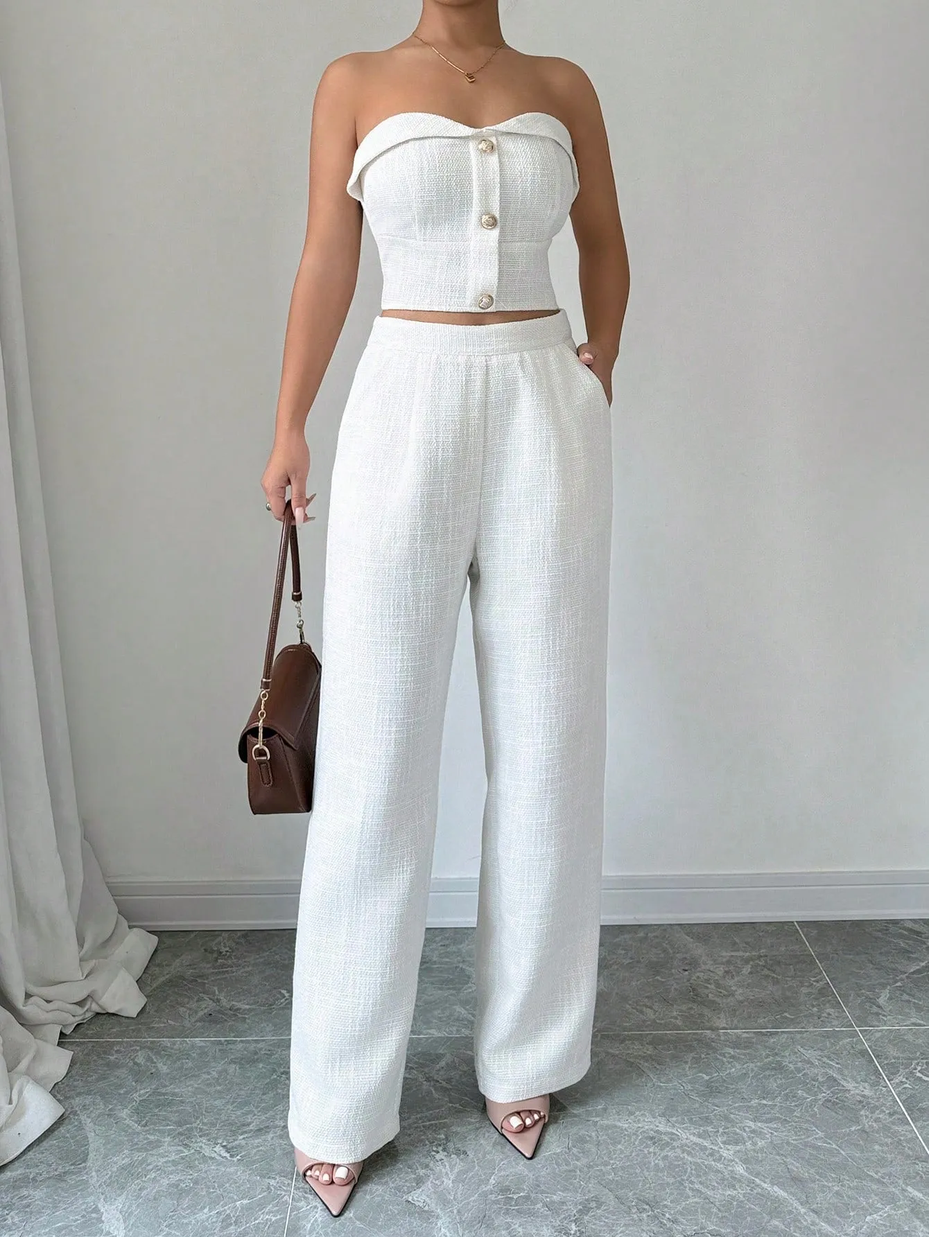 Women's Two-Piece Outfits, Clean And Simple Solid Color Top With Buttoned Back And High-Waist Pants